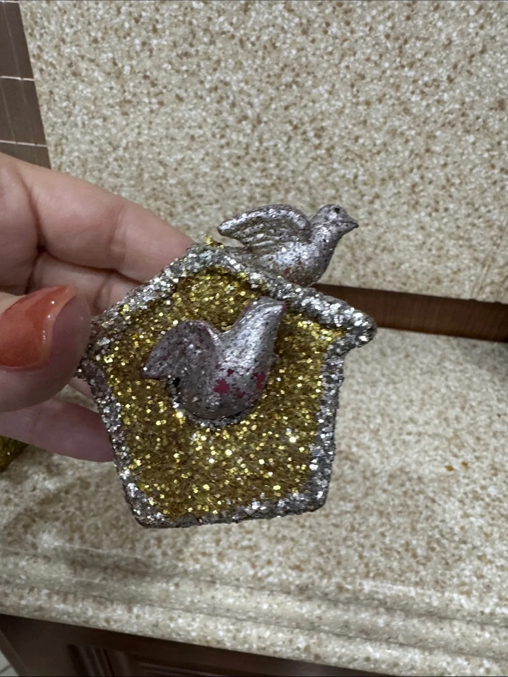 Vintage Gold & Silver Glitter Birdhouse Holiday Ornaments set 3